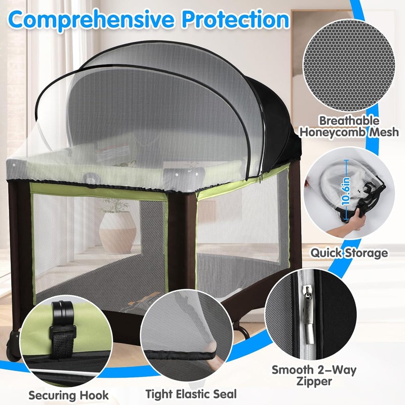 WANRU Pack N Play Tent Cover - Half-Blackout Mosquito Net for Crib & Playpen, Baby Bassinet Cover for Cats with 2-Way Zipper, Sun-Blocking Bug Net for Travel Crib (Black-Large) - Image 3